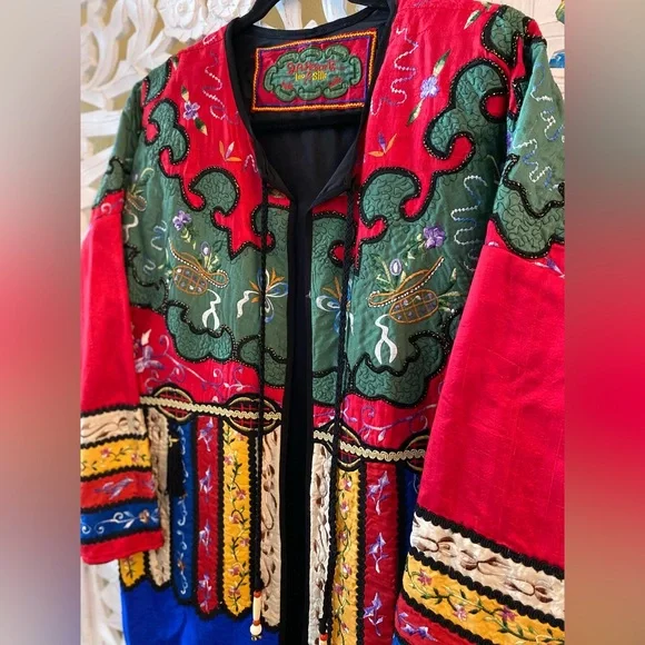 Rare Retro Embroidered Bedazzled Bright Colorful Vintage Silk Kimono Coat Jacket - Picture 12 of 13